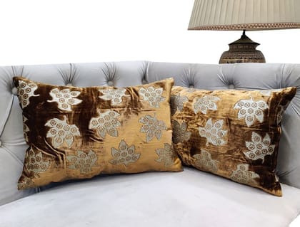 Brown Golden Cushion Cover with Leaf Embroidered Stitched Zippered Velvet Combo Cushion Cover (12x18 inch or 30 x 45 cm) Set of 2