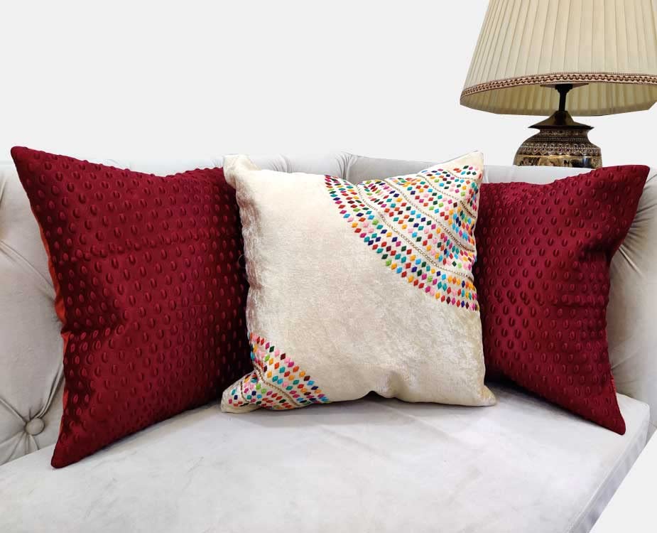 Suede Cream Off White Multicolor Maroon Set of 3 Ethnic Beaded Embroidered Square Combo Cushion Covers for Sofa Home Bedroom (16x16 inch or 40 x 40 cm) - Ethnic Shoes | Buy online on ZillyBuy
