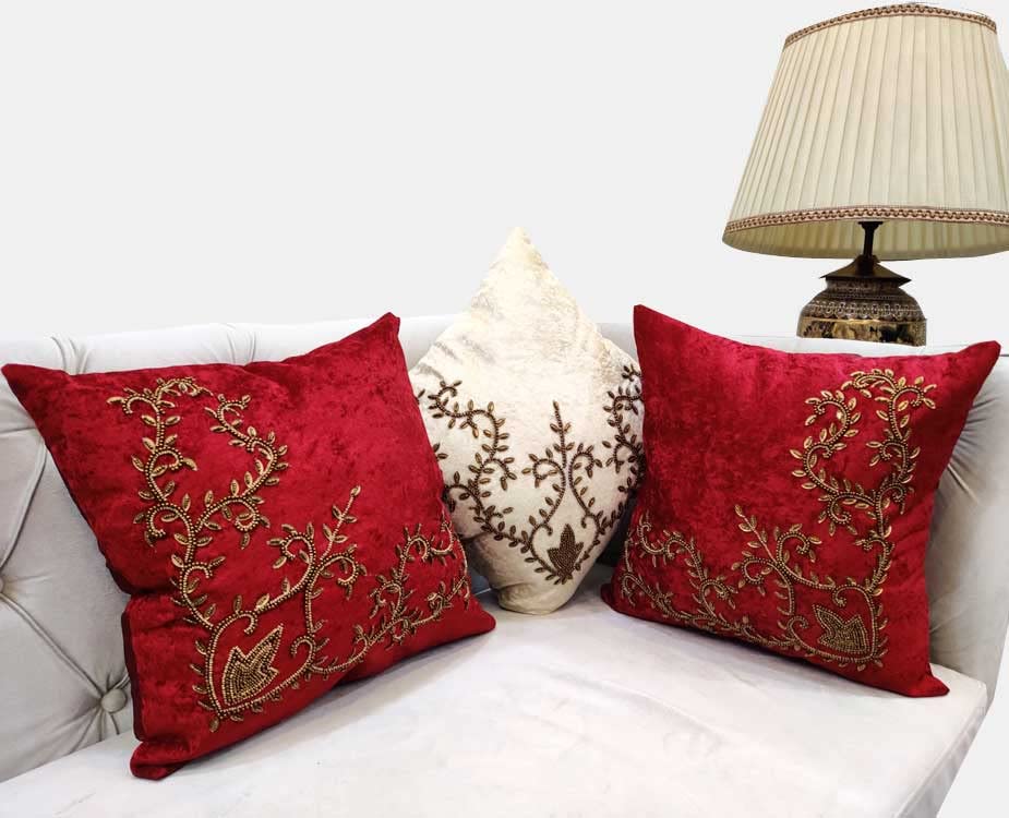 Suede Cream Off White Maroon Multicolor Set of 3 Ethnic Beaded Embroidered Square Combo Cushion Covers for Sofa Home Bedroom (16x16 inch or 40 x 40 cm) - Ethnic Shoes | Buy online on ZillyBuy