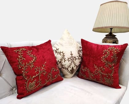 Suede Cream Off White Maroon Multicolor Set of 3 Ethnic Beaded Embroidered Square Combo Cushion Covers for Sofa Home Bedroom (16x16 inch or 40 x 40 cm)