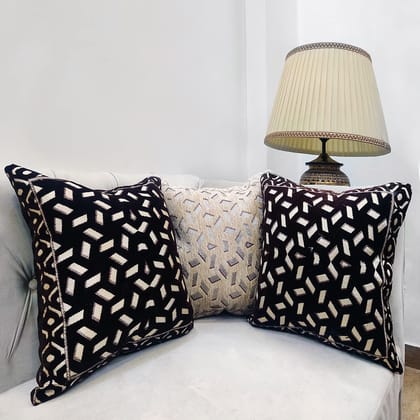 Beige Black Damask Geometric Woven Zipper Square Cushion Covers (16x16 inch or 40 x 40 cm) Set of 3