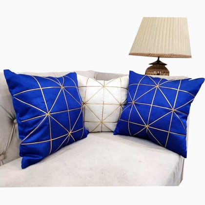 White Blue Combo Gold Leather Striped Patchwork Cushion Case Luxury Modern Throw Pillow Cover Decorative Pillow for Couch Living Room Bedroom Patches Cushion Cover (16X16 Inches, 40 cms*40 cms) - Pack of 3