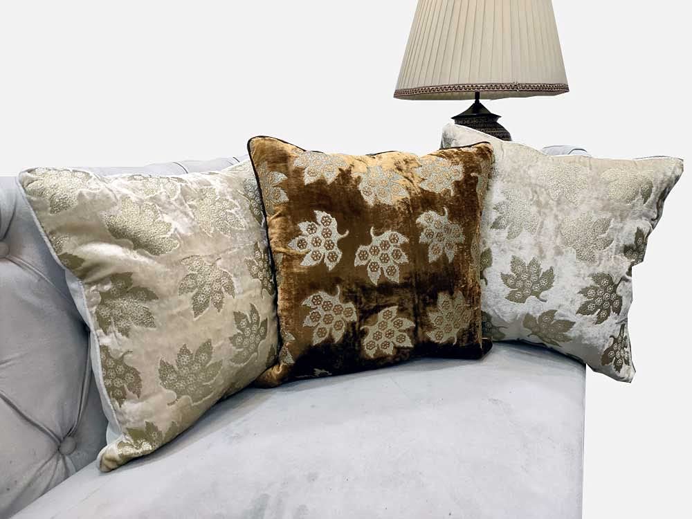 GOODVIBES Brown Ivory Cushion Cover with Leaf Zari Embroidered Stitched Zippered Velvet Combo Cushion Cover (Off White ) | 24X24 Inches | 60cm * 60 cm I Set of 3| - Kurtas & Kurta Sets | Buy online on ZillyBuy