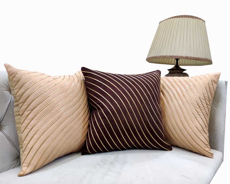 Beige & Brown Set of 3 Ethnic Motifs Embroidered Square Cushion Covers (16x16 inch or 40 x 40 cm)