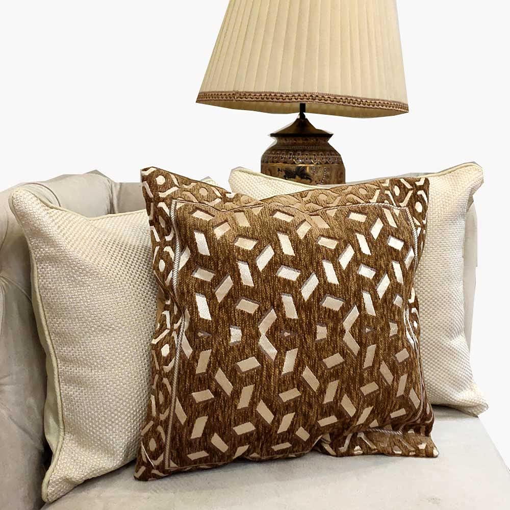 Cream Brown Damask Geometric Woven Zipper Square Combo Set Cushion Covers (16x16 inch or 40 x 40 cm) Set of 3