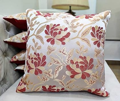 Maroon White Damask / Self Design / Woven Floral Motifs Zipper Square Combo Cushion Covers (24x24 inch or 60 x 60 cm) Set of 5