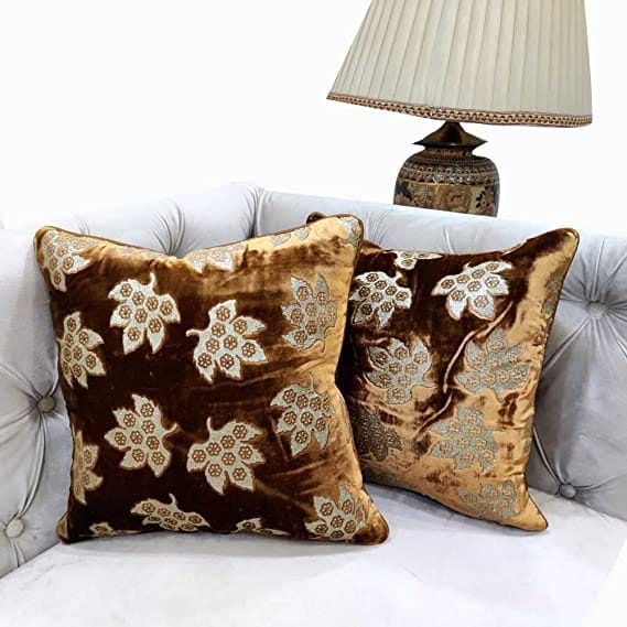Brown Golden Cushion Cover with Leaf Zari Embroidered Stitched Zippered Velvet Combo Cushion Cover | 16X16 Inches | 40cm * 40 cm I Set of 2| - Kurtas & Kurta Sets | Buy online on ZillyBuy