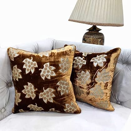 Brown Golden Cushion Cover with Leaf Zari Embroidered Stitched Zippered Velvet Combo Cushion Cover | 16X16 Inches | 40cm * 40 cm I Set of 2|