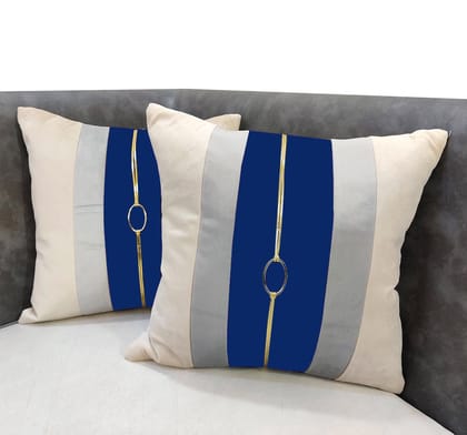 Blue Beige Gold Leather Striped Buckle Velvet Cushion Case Luxury Modern Throw Pillow Cover Decorative Pillow for Couch Living Room Bedroom Car| 16X16 Inches | 40cm * 40 cm I Set of 2|