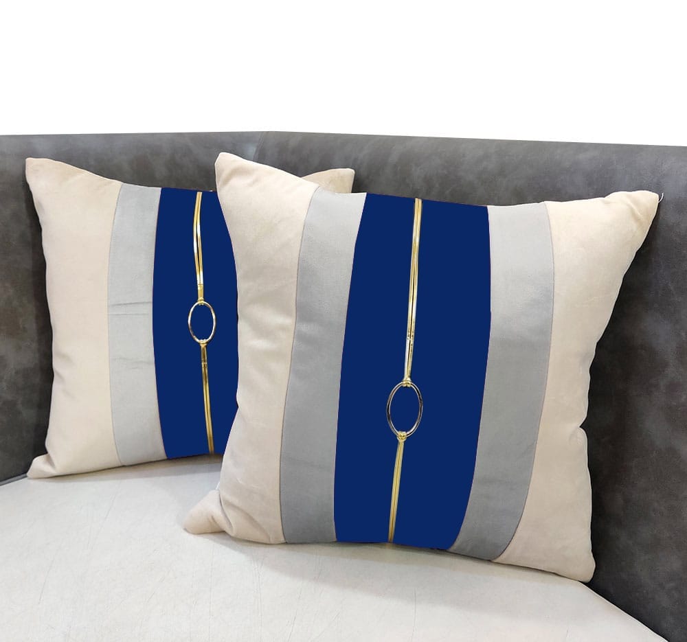 Blue Beige Gold Leather Striped Buckle Velvet Cushion Case Luxury Modern Throw Pillow Cover Decorative Pillow for Couch Living Room Bedroom Car| 16X16 Inches | 40cm * 40 cm I Set of 2|