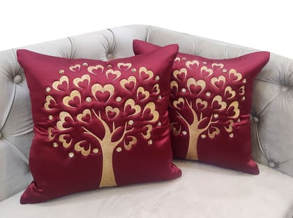 Maroon Red Gold Embroidered Velvet Cushion Case Luxury Modern Throw Pillow Cover Decorative Pillow for Couch Living Room Bedroom Car| 16X16 Inches | 40cm * 40 cm I Set of 2|