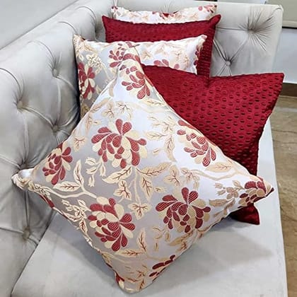 Maroon White Damask / Self Design / Woven Floral Motifs Zipper Square Combo Cushion Covers (16x16 inch or 40 x 40 cm) Set of 5