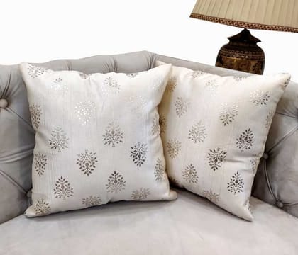 GOODVIBES Polyester Silver Floral Foil Printed Cream Square Cushion Covers Set of 2 (60 cm*60cm, 24 x 24 inch) Pack of 2