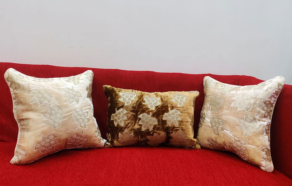 Brown Ivory Golden Cushion Cover with Leaf Embroidered Stitched Zippered Velvet Combo Cushion Cover (16x16 inch and 30 x 45 cm) Set of 3 - Kurtas & Kurta Sets | Buy online on ZillyBuy