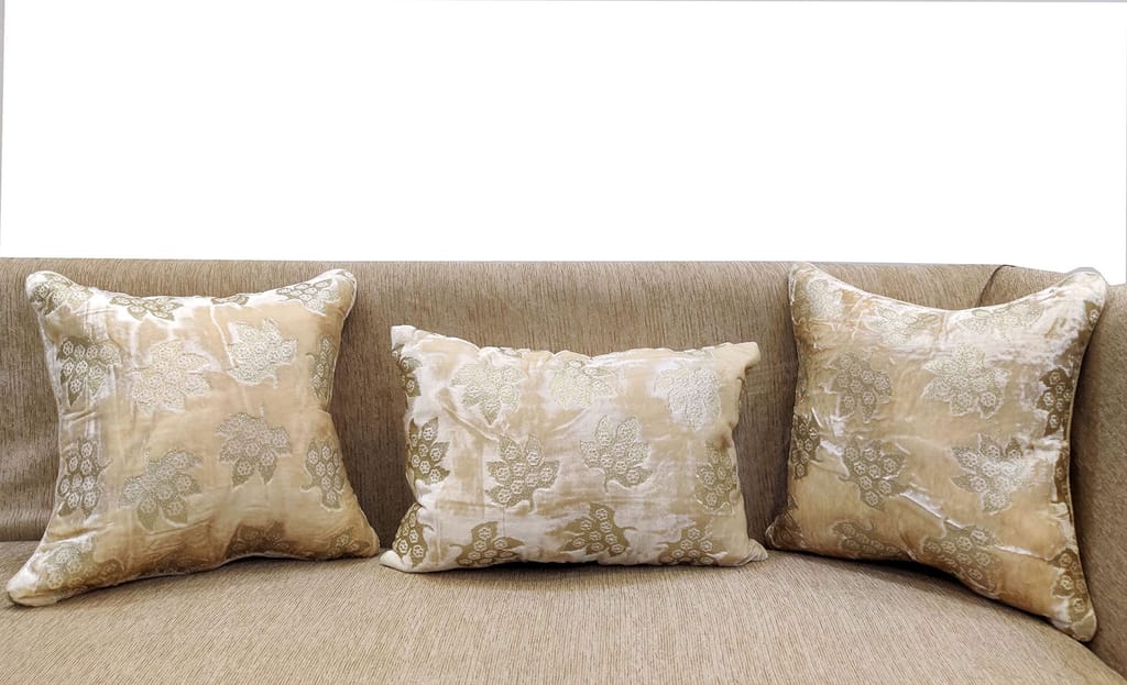Ivory Golden Cushion Cover with Leaf Embroidered Stitched Zippered Velvet Combo Cushion Cover (16x16 inch and 30 x 45 cm) Set of 3 - Kurtas & Kurta Sets | Buy online on ZillyBuy