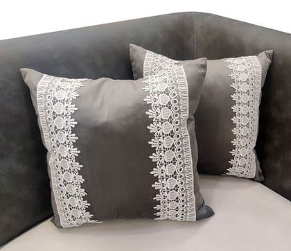 GOODVIBES 16X16 Inches Grey Velvet Cutwork Square Cushion Cover with Lace for Décor Sofa Couch Living Room Bedroom Farm House Indoor Outdoor | 40cm * 40 cm I Set of 2|