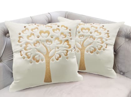 GOODVIBES Cream Off-White Gold Embroidered Velvet Cushion Case Luxury Modern Throw Pillow Cover Decorative Pillow for Couch Living Room Bedroom Car| 16X16 Inches | 40cm * 40 cm I Set of 2|