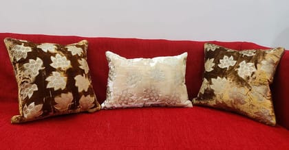Ivory Brown Golden Cushion Cover with Leaf Embroidered Stitched Zippered Velvet Combo Cushion Cover (16x16 inch and 30 x 45 cm) Set of 3