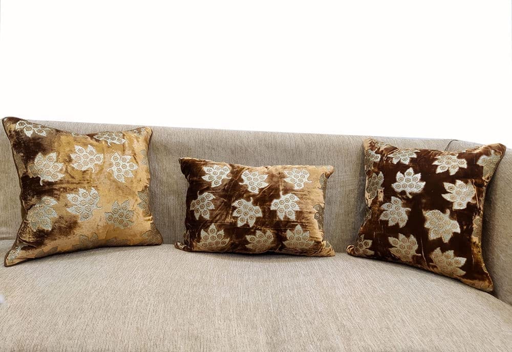 Brown Golden Cushion Cover with Leaf Embroidered Stitched Zippered Velvet Combo Cushion Cover (16x16 inch and 30 x 45 cm) Set of 3 - Kurtas & Kurta Sets | Buy online on ZillyBuy