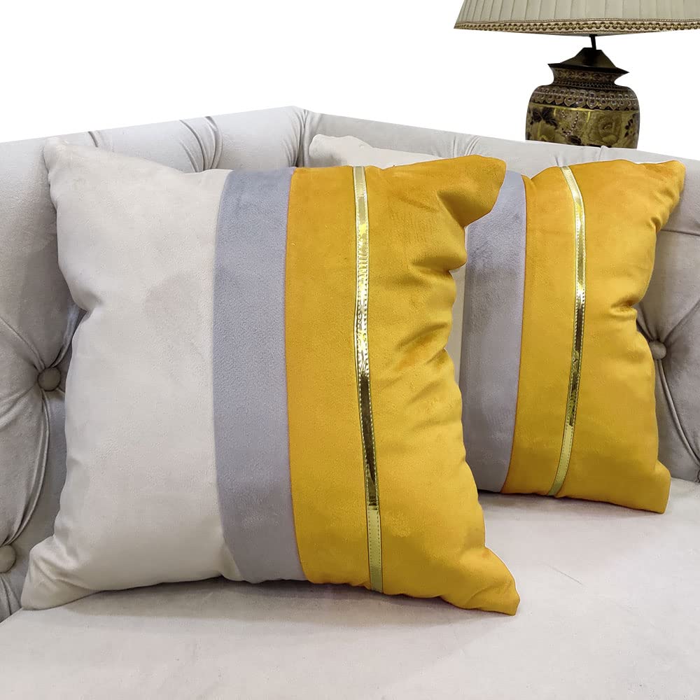 GOODVIBES Yellow Beige Gold Leather Striped Patchwork Velvet Cushion Case Luxury Modern Throw Pillow Cover Decorative Pillow for Couch Living Room Bedroom Car| 16X16 Inches | 40cm * 40 cm I Set of 2|