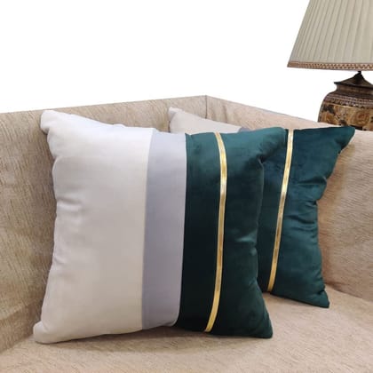GOODVIBES Green Beige Gold Leather Striped Patchwork Velvet Cushion Case Luxury Modern Throw Pillow Cover Decorative Pillow for Couch Living Room Bedroom Car| 16X16 Inches | 40cm * 40 cm I Set of 2|