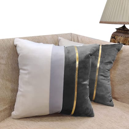 GOODVIBES Grey Beige Gold Leather Striped Patchwork Velvet Cushion Case Luxury Modern Throw Pillow Cover Decorative Pillow for Couch Living Room Bedroom Car| 16X16 Inches | 40cm * 40 cm I Set of 2|