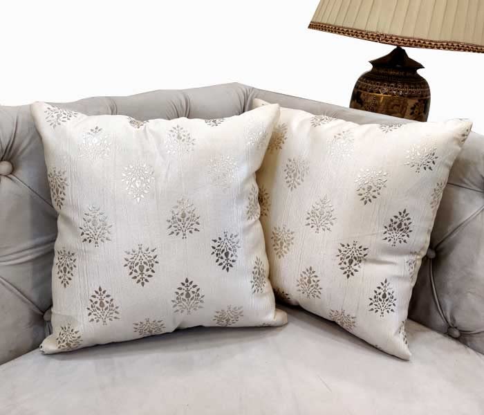 GOODVIBES Polyester Silver Floral Foil Printed Cream Square Cushion Covers Set of 2 (40 cm*40cm, 16 x 16 inch) Pack of 2 - Flowers | Buy online on ZillyBuy