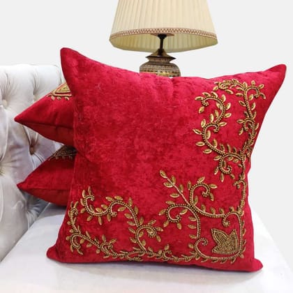 Suede Maroon/ Red Set of 3 Ethnic Beaded Embroidered Square Combo Cushion Covers for Sofa Home Bedroom (24x24 inch or 60 x 60 cm)