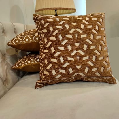 GOODVIBES Brown Damask Geometric Woven Zipper Square Cushion Covers (16x16 inch or 40 x 40 cm) Set of 3