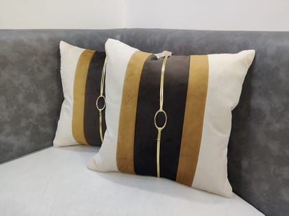 GOODVIBES Tan Beige Gold Leather Striped Patchwork Velvet Cushion Case Luxury Modern Throw Pillow Cover Decorative Pillow for Couch Living Room Bedroom Car| 16X16 Inches | 40cm * 40 cm I Set of 2|