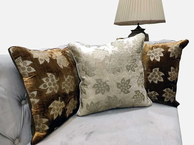 GOODVIBES Brown Ivory Cushion Cover with Leaf Zari Embroidered Stitched  Zippered Velvet Combo Cushion Cover (Off White ), 24X24 Inches, 60cm * 60  cm I Set of 3