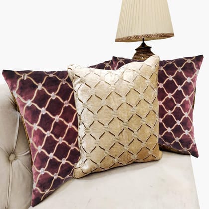 Beige Cushion Cover Geometric Zari Embroidered Stitched Zippered Velvet Combo Cushion Cover (Off White ) | 16X16 Inches | 40cm * 40 cm I Set of 3|