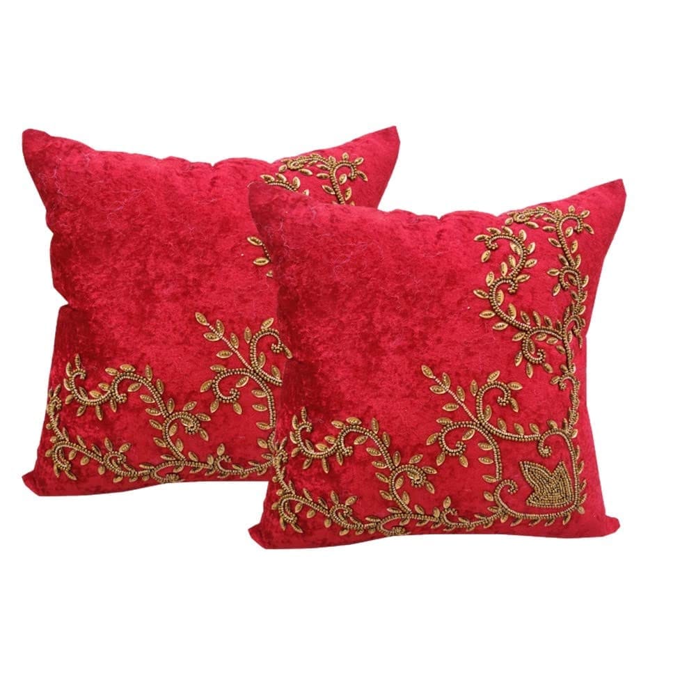 Suede Red/ Maroon Set of 2 Ethnic Beaded Embroidered Square Combo Cushion Covers for Sofa Home Bedroom (24x24 inch or 60 x 60 cm) - Dupattas & Shawls | Buy online on ZillyBuy