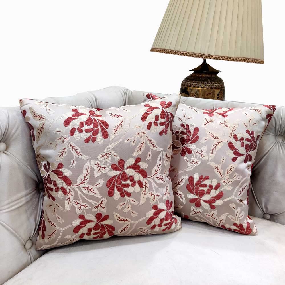 Maroon White Damask / Self Design / Woven Floral Motifs Zipper Square Combo Cushion Covers (24x24 inch or 60 x 60 cm) Set of 2