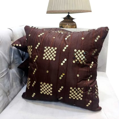 GOODVIBES Brown Golden Cushion Cover Sequins Silk Stitched Zippered Cushion Cover | 16X16 Inches | 40cm * 40 cm I Set of 3