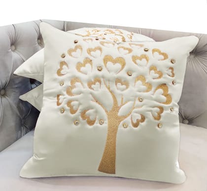GOODVIBES Cream Off- White Gold Embroidered Velvet Cushion Case Luxury Modern Throw Pillow Cover Decorative Pillow for Couch Living Room Bedroom Car| 16X16 Inches | 40cm * 40 cm I Set of 3|