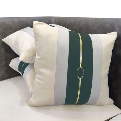 Green Beige Gold Leather Buckle Striped Patchwork Velvet Cushion Case Luxury Modern Throw Pillow Cover Decorative Pillow for Couch Living Room Bedroom Car| 16X16 Inches | 40cm * 40 cm I Set of 3|