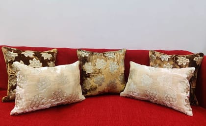Brown Ivory Golden Cushion Cover with Leaf Embroidered Stitched Zippered Velvet Combo Cushion Cover (16x16 inch and 30 x 45 cm) Set of 5