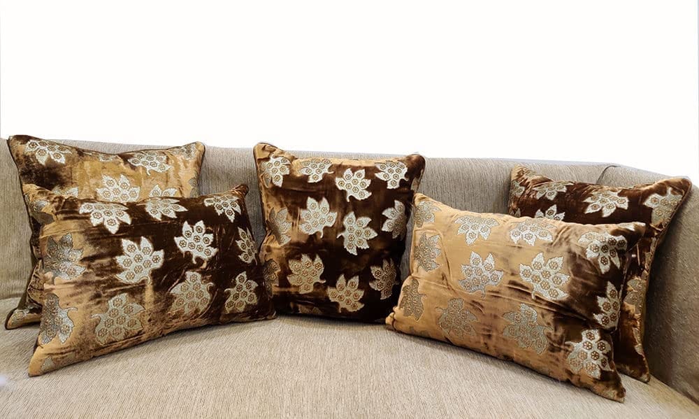 Brown Golden Cushion Cover with Leaf Embroidered Stitched Zippered Velvet Combo Cushion Cover (16x16 inch and 30 x 45 cm) Set of 5 - Kurtas & Kurta Sets | Buy online on ZillyBuy