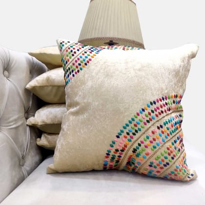 Cream Multicolor Set of 5 Ethnic Beaded Embroidered Square Cushion Covers for Sofa Home Bedroom (16x16 inch or 40 x 40 cm)