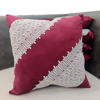 GOODVIBES 16X16 Inches Maroon Red Velvet Cutwork Square Cushion Cover with Lace for Decor Sofa Couch Living Room Bedroom Farm House Indoor Outdoor | 40cm * 40 cm I Set of 5|