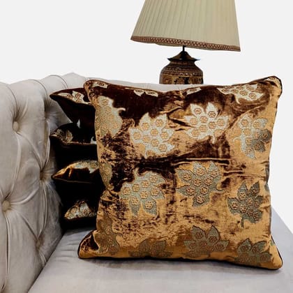 GOODVIBES Brown Velvet with Leaf Embroidered Stitched Zippered Velvet Cushion Cover| 12X12 Inches | 30cm * 30 cm I Set of 5|