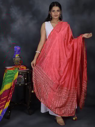 Paradise-Pink Silk Dupatta From Amritsar with Gota Patti, Floral Beads and Velvet Tassels on Edges