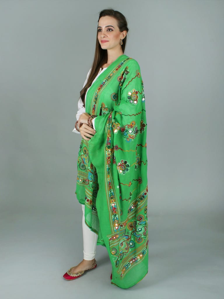 Poison-Green Printed Dupatta from Kutch with Hand-Embroidered Florals and Mirrors - Dupattas & Shawls | Buy online on ZillyBuy