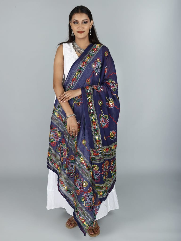 Navy Printed Dupatta from Kutch with Hand-Embroidered Florals and Mirrors - Dupattas & Shawls | Buy online on ZillyBuy