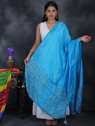 Blue-Jewel Silk Dupatta From Amritsar with Gota Patti, Floral Beads and Velvet Tassels on Edges
