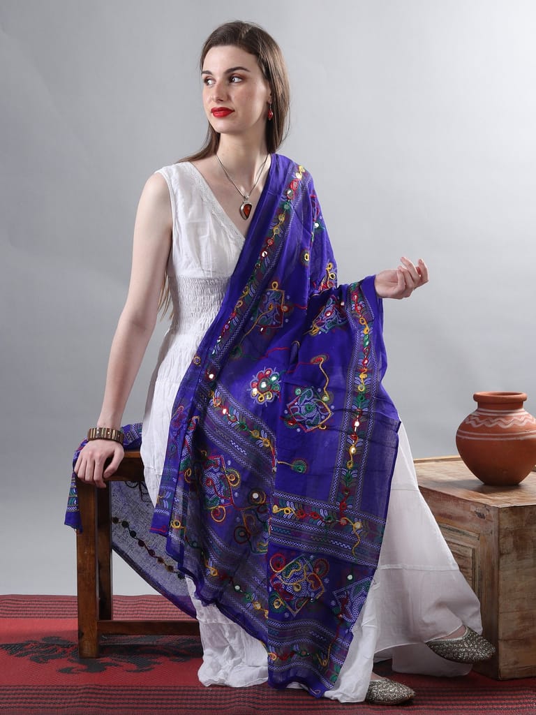 Indigo Printed Dupatta from Kutch with Hand-Embroidered Florals and Mirrors - Dupattas & Shawls | Buy online on ZillyBuy