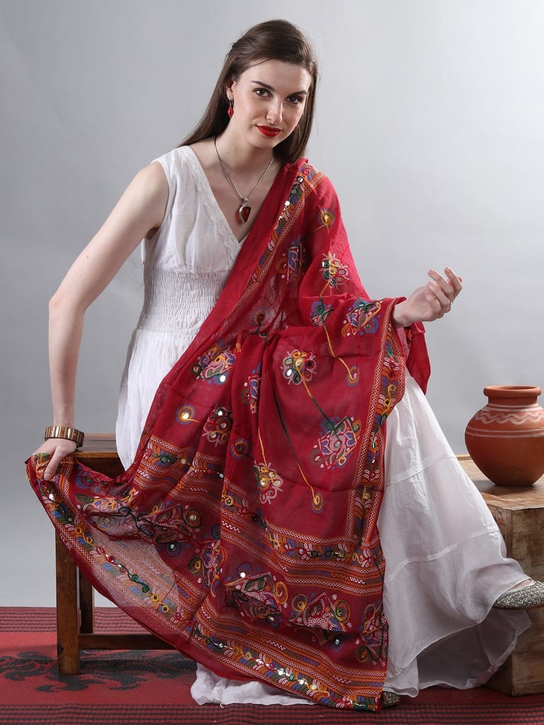 Garnet Printed Dupatta from Kutch with Hand-Embroidered Florals and Mirrors - Dupattas & Shawls | Buy online on ZillyBuy