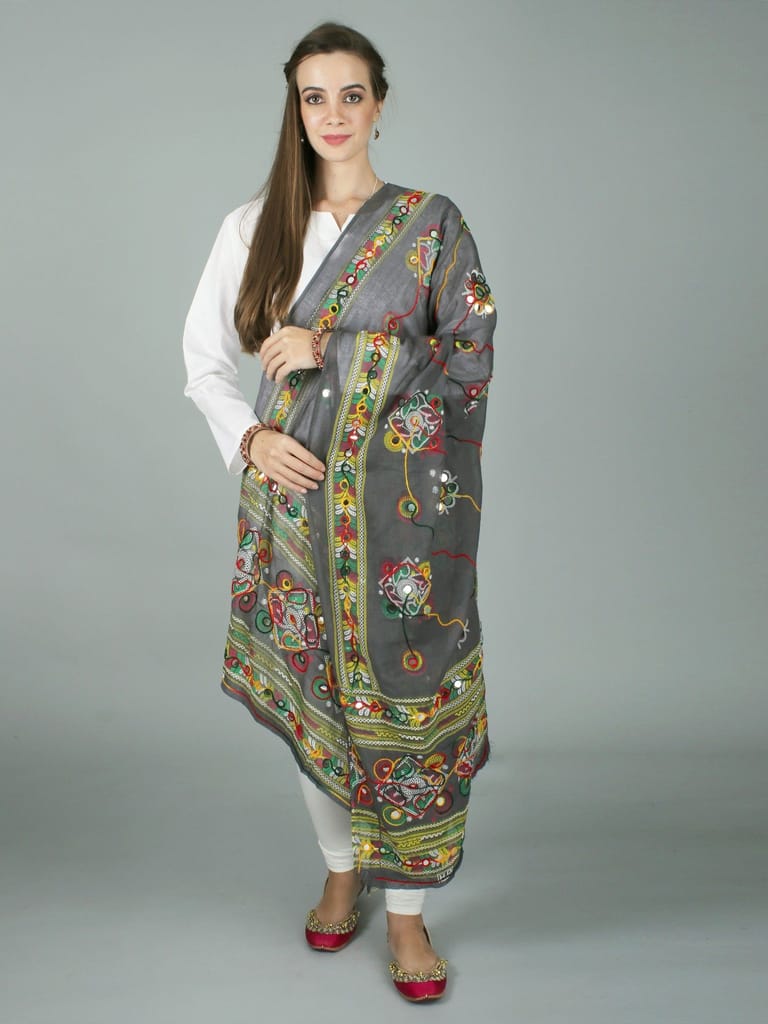 Charcoal-Gray Printed Dupatta from Kutch with Hand-Embroidered Florals and Mirrors - Dupattas & Shawls | Buy online on ZillyBuy