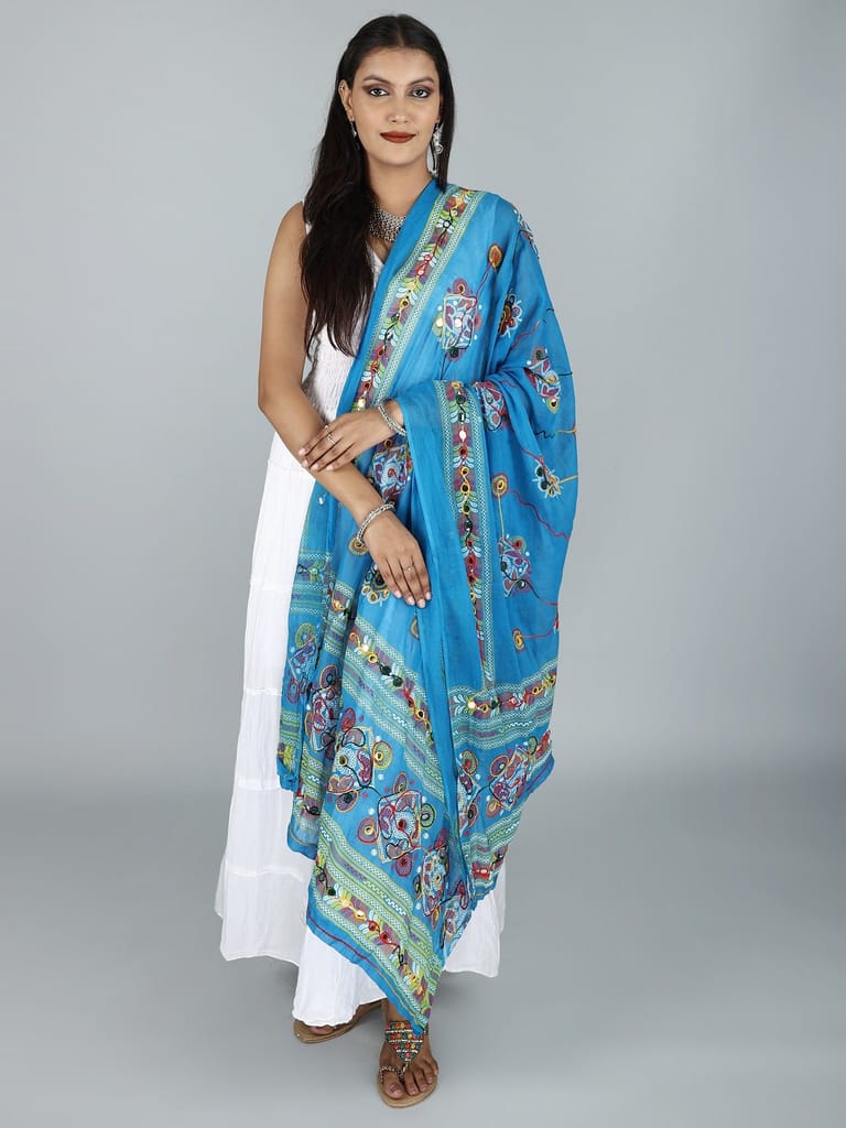 Diva-Blue Printed Dupatta from Kutch with Hand-Embroidered Florals and Mirrors - Dupattas & Shawls | Buy online on ZillyBuy